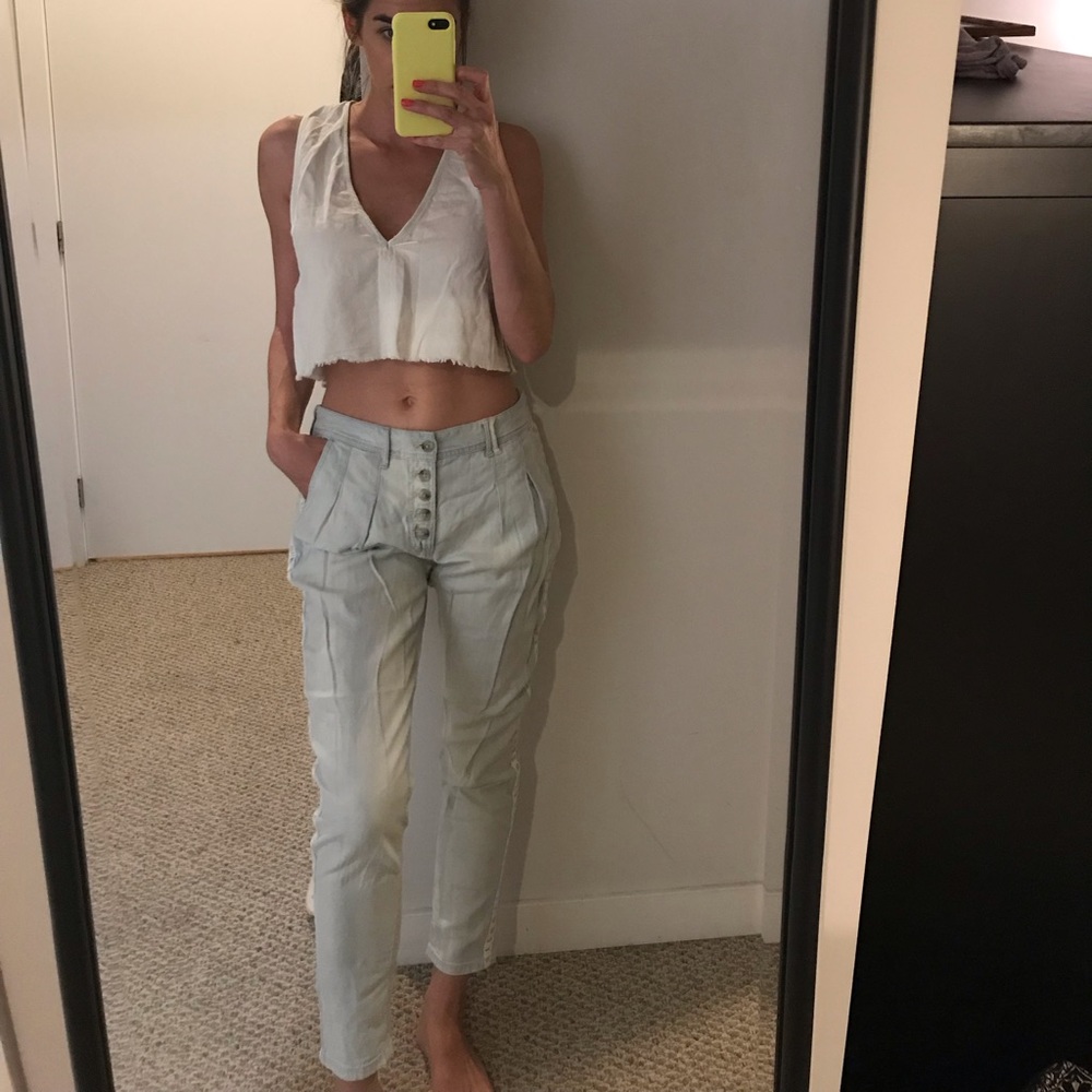 Free People light wash pants with crochet detail